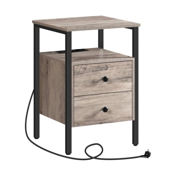 Nachtkastje met EU -plug, salontafel met laden en opbergplanken, geschikt voor kleine ruimtes, woonkamer, slaapkamer, gregie, zwarte