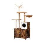 Katboom met kattenbak behuizing voor binnenkatten, houten kattencondo met krassende palen, kattenbakmeubels verborgen, alles-in-één kattenspeelgoed met kattenhuis, greige