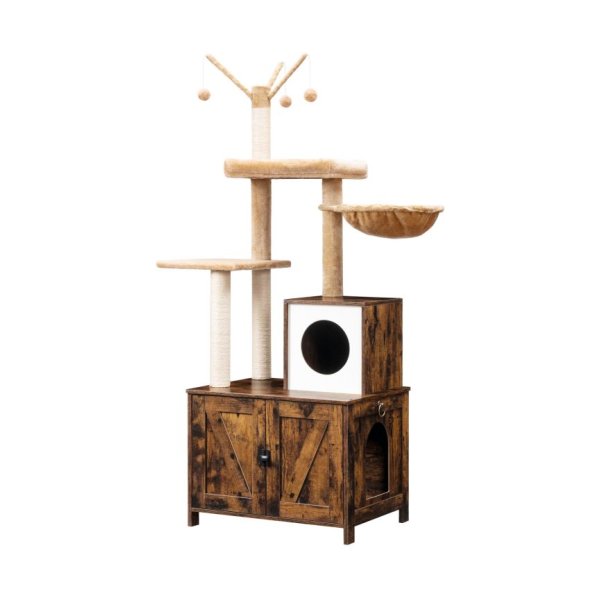 Katboom met kattenbak behuizing voor binnenkatten, houten kattencondo met krassende palen, kattenbakmeubels verborgen, alles-in-één kattenspeelgoed met kattenhuis, greige