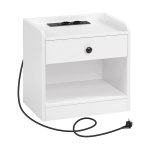 Nachtkastje met oplaadstation, bijzettafel met lade en open compartimenten, USB -poorten en sockets, opbergplank, bijzettafel voor slaapkamer, woonkamer, witte