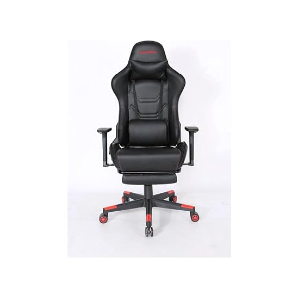 Comfortabele bureaustoel met hoge rugleuning, armleuningen, lendesteun, hoofdkussen en voetensteun - ergonomisch en belastbaar tot 150 kg in zwart-rood
