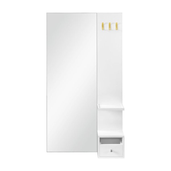 Wandspiegel met opbergruimte, grote spiegel, 108 x 60 x 17,5 cm, 3 kapstokhaken, Plank en Lade - Wit