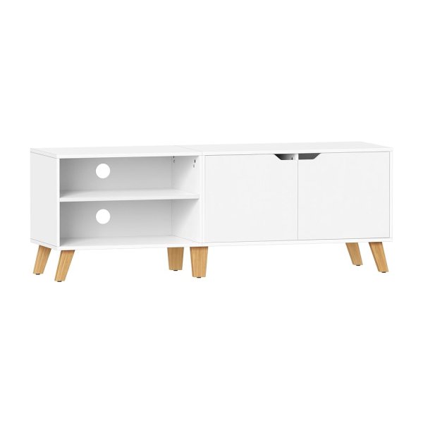 TV Kast voor TV's tot 65 inch, 140 cm Brede TV-meubel met 2 Deuren, Verstelbare Planken, TV Tafel, Wit