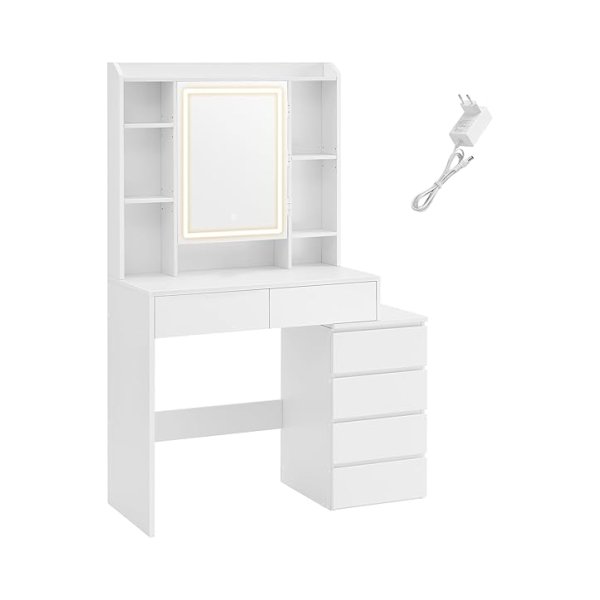 Kaptafel - Make-uptafel met spiegel en LED-verlichting met instelbare helderheid, verstelbare planken en laden