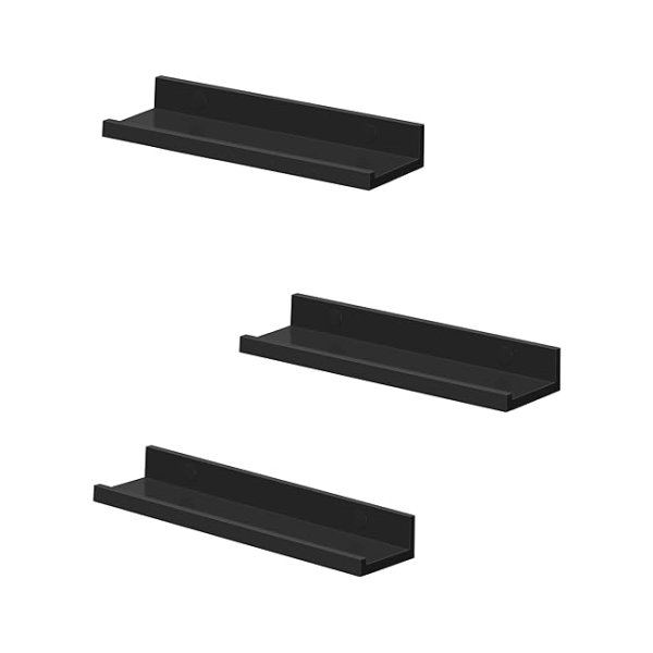 Set van 3 moderne zwart hoogglans zwevende boekenplanken - 38 x 10 cm, geschikt voor fotolijstjes en boeken