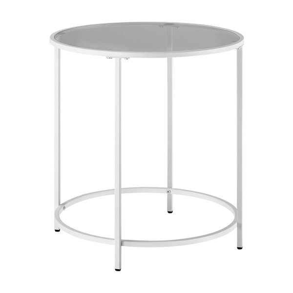 Moderne Ronde Bijzettafel met gehard glazen tafelblad en metalen frame in parelwit en rookgrijs 50x50x55cm
