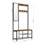 Stoere industriële garderobe met spiegel voor in de gang, Kapstok met schoenenbank met spiegel - Vintage bruin