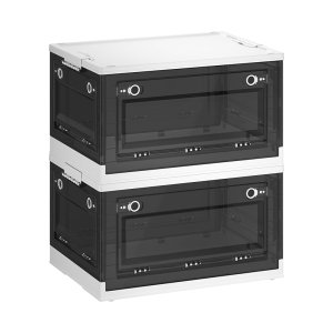 Set van 2 Opvouwbare Kunststof Opbergdozen met Deksel, 5 Laden, Stapelbaar, Met Wielen, 53 x 36 x 30 cm, 44L, Wit en Grijs