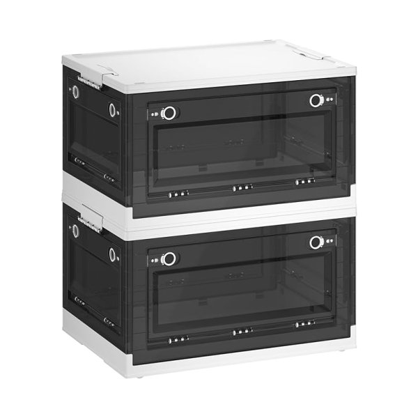 Set van 2 Opvouwbare Kunststof Opbergdozen met Deksel, 5 Laden, Stapelbaar, Met Wielen, 53 x 36 x 30 cm, 44L, Wit en Grijs