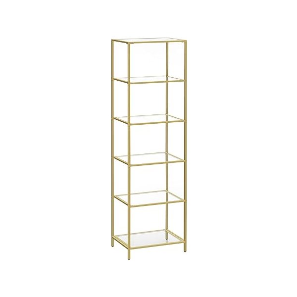 Moderne Gouden Glazen Plank met 6 Lagen, Boekenkast en Display Stand, Gehard Glas, Eenvoudige Montage, voor Woonkamer, Slaapkamer, Kantoor