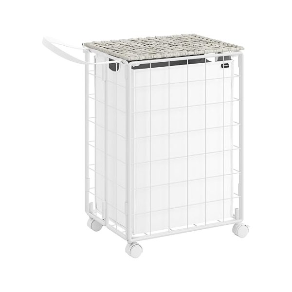 Opvouwbare wasmand met wieltjes, 90 liter - Uitneembare waszak en deksel 46 x 33 x 65 cm in wolkenwit