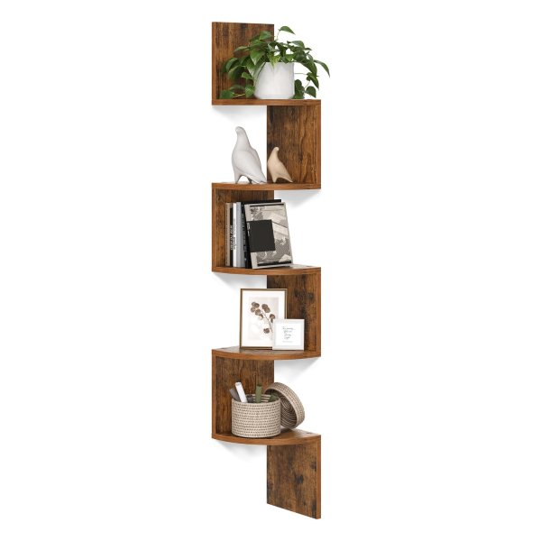 Wandplank Hoekrek, 5-Laags Zwevende Boekenplank, Plantenplank Rustiek Bruin