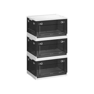 Opbergdoos van Kunststof met Deksel en 5 Laden, Set van 3, Vouwbare en Stapelbare Opbergbox met Wielen, 53 x 36 x 30 cm, 44L, Wit en Grijs