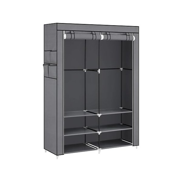 Ruime grijze kledingkast met hangvakken en legplanken - Stoffen Garderobe Kledingkas - 45 x 127 x 176 cm
