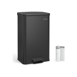 Pedaalemmer 40L, Afvalbak, Grote Prullenbak met Deksel, Staal, Soft Close, 15 Afvalzakken Inbegrepen, Zwart