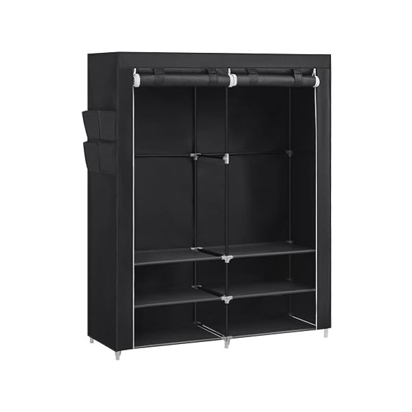 Ruime zwarte stoffen kledingkast - kleerkast met 2 hangvakken, legplanken, 4 zijvakken, Veel ruimte - 45x127x176 cm