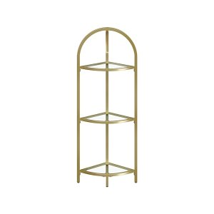 Hoekplank Moderne Stalen Boekenkast met drie niveaus van gehard glas en goud metallic finish