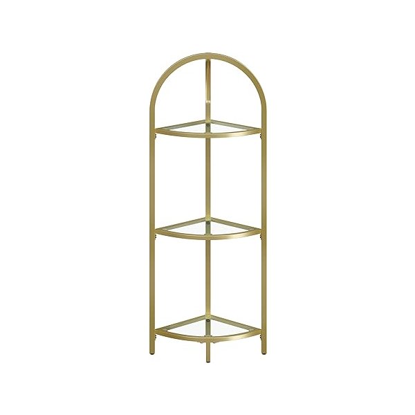 Hoekplank Moderne Stalen Boekenkast met drie niveaus van gehard glas en goud metallic finish