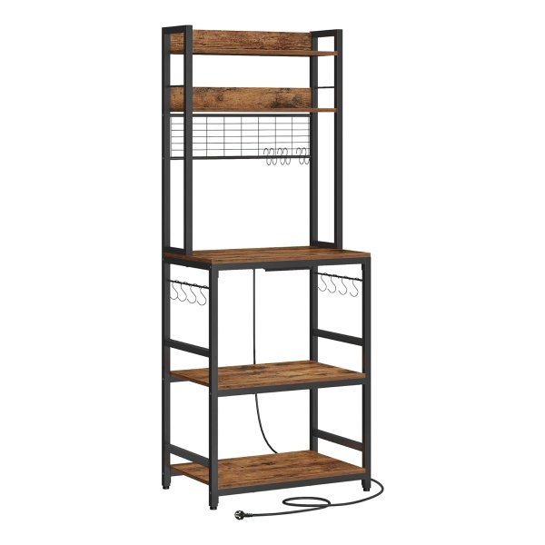 Stijlvol Keukenrek met Stopcontacten, Magnetronrek en 14 Haken in Vintagebruin-Zwart, 40 x 60 x 170 cm