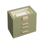 Sieradendoos met 3 laden en glazen deksel voor zonnebrillen en grote sieraden in lauriergroen-goud