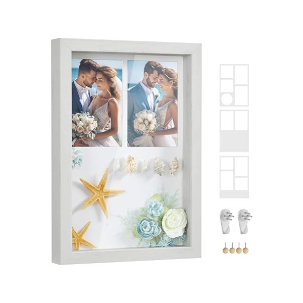 Vintage wit fotolijst A4 fotocollage met 3 houders, 4 pinnen 2 muurhaken
