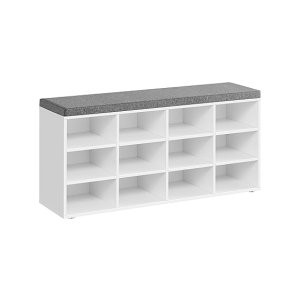 Schoenenbank met zitkussen, opbergbank met zitkussen, halbank met 12 compartimenten, verstelbare planken, voor slaapkamer, 11.9 x 40.9 x 18.9 inch, wit en grijs
