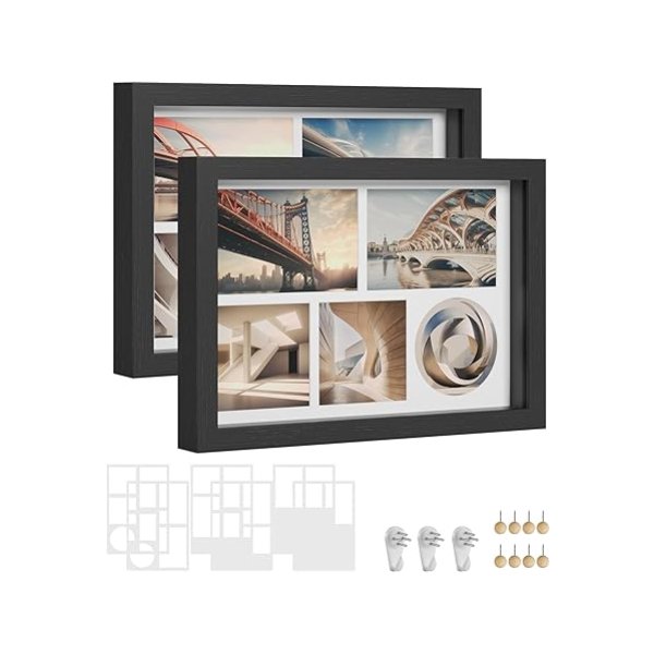 Fotolijst A4 met 6 houders, set van 2 fotolijsten om te vullen, pinnen en muurhaken in zwart