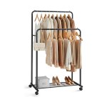 Kledingrek met 2 lagen en wielen, 92,5 cm breed, zwaar belastbaar, voor binnen, kledingopslag
