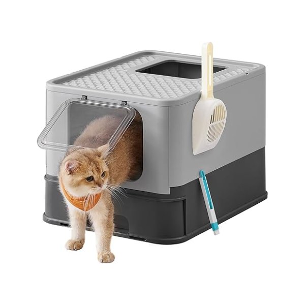 Kattenbak met deksel en uittrekbare lade – ideaal voor katten tot 15 kg, minder sporen en lekvrijebodem - inlcusief handige schep en borstel in antracietgrijs
