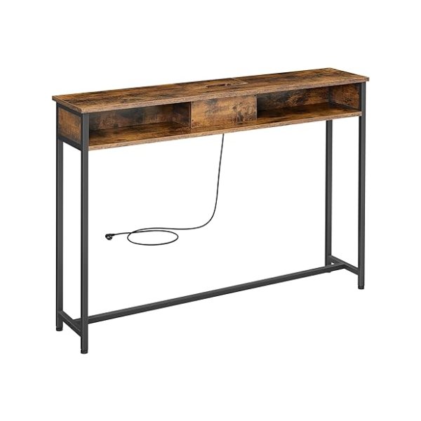 Consoletafel met ingebouwd stopcontact en 2 USB poorten - Stevig zwart metalen frame - Vintage Bruin 120 cm
