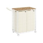 Wasmand 110L met wieltjes en deksel voor de wasruimte - waszak uitneembaar, 2 binnenzakken 57 x 33 x 65 cm in natuurbeige-crèmewit