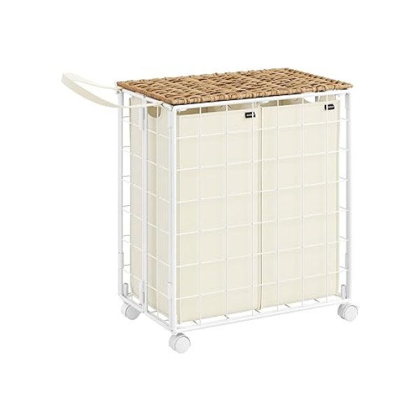 Wasmand 110L met wieltjes en deksel voor de wasruimte - waszak uitneembaar, 2 binnenzakken 57 x 33 x 65 cm in natuurbeige-crèmewit