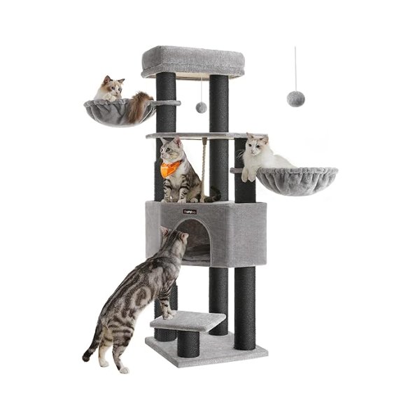 Krabpaal voor grote katten met zelfverwarmende dekens, kattenboom, 2 kattenborstels en dikke stammen van 11,1cm, grote platforms, kattenhol, 50 x 50 x 160 cm