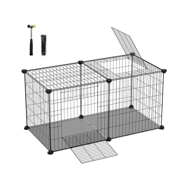 Ruime zwarte kooi voor kleine huisdieren, met uitloop, deuren met haken, 82 x 41 x 41 cm