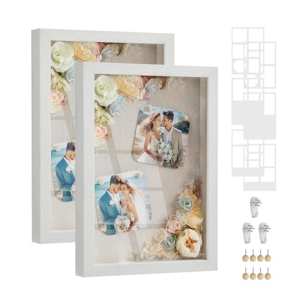 Fotolijst set van 2 met houders en pinnen voor A4 en 10x15cm foto's, inclusief muurhaken - vintage wit