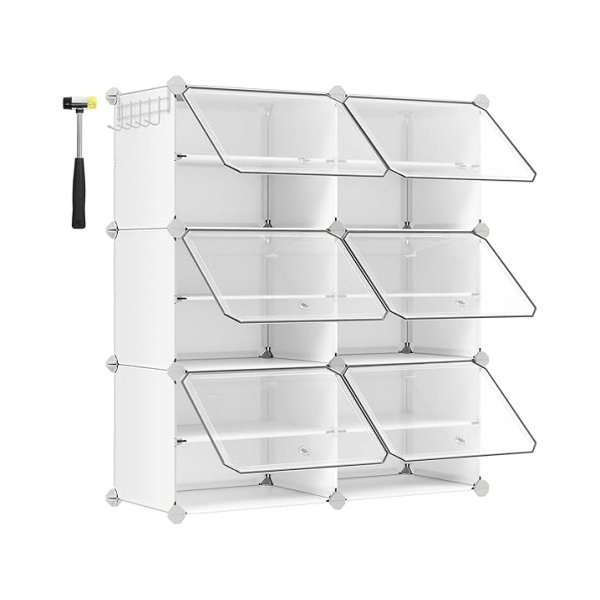 Schoenenrek met 6 vakken, smal en wit, ideaal voor hal, slaapkamer 30x40x30cm per vak, Transparante kunststof deur, stevig stalen frame