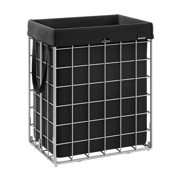 Grote wasmand 90L opvouwbaar met afneembare waszak en metalen draadframe in zilver-zwart