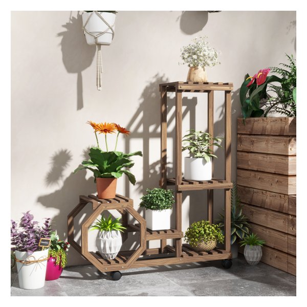 Plantenstandaard - Bloemenparadijs - Wielen - 5 niveaus - Verkoolde