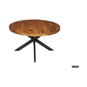Eettafel 'Maria' 130 cm Rond Mangolia, Structuur metaal, blad exotisch hout mangolia, - Top 45 mm