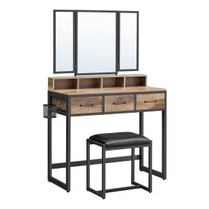 Make-Up Tafel Met Kruk, 3 Spiegelen, 3 Laden, Haardrogerhouder En Industriële Stijl İn Eikenbruin-Zwart