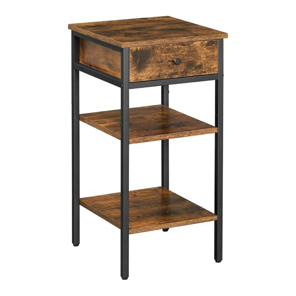 Nachtkastje, Bijzettafel, Hoog, Met Een Lade En 2 Open Vakken, 1 Verstelbare Plank, Ruimtebesparend, Verstelbare Poten, Modern, Vintage Bruin-Zwart