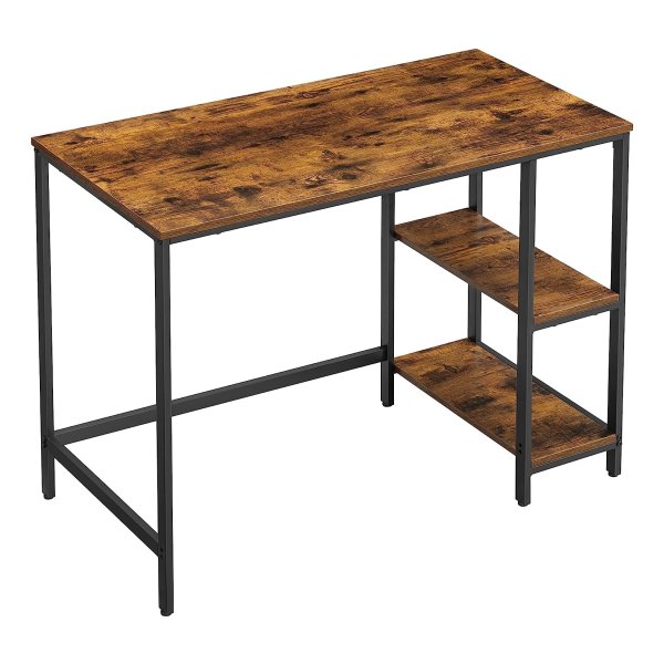 Bureau, Computertafel, Pc-Tafel, Met 2 Planken Aan De Rechter- Of Linkerkant, Voor Kantoor, Woonkamer, Stalen Frame, İndustrieel Design, Vintage Bruin-Zwart