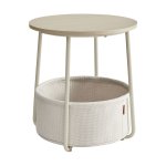 Ronde hulptafel met blauwe stoffen mand en pastelblauw - Stijlvol en praktisch