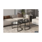 Salontafel 'Nazaro' 2-delig Composiet Marmer Zwart, Structuur metaal, blad steen marmerenlook