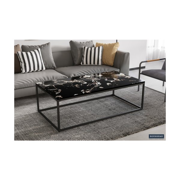 Salontafel 'Livorno' Composiet Marmer Zwart, Structuur metaal, blad steen marmerenlook