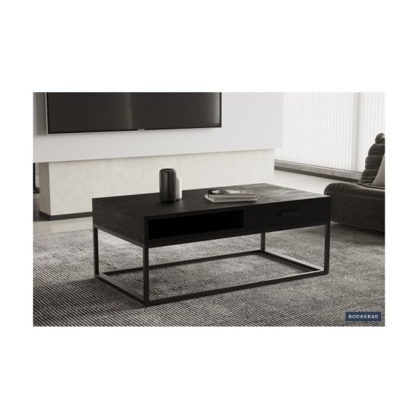 Salontafel 'Madeira' met lade Mangolia zwart, Structuur metaal, blad exotisch hout mangolia