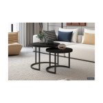 Salontafel 'Goja' 2-delig Mangolia zwart, Structuur metaal, blad exotisch hout mangolia
