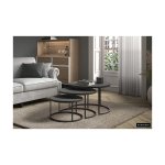Salontafel 'Lennox' 3-delig Zwart, Structuur metaal, blad exotisch hout mangolia