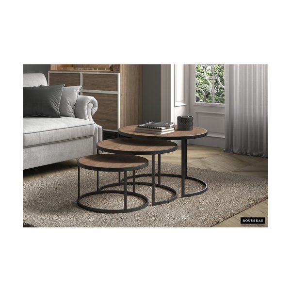 Salontafel 'Lennox' 3-delig Mangolia, Structuur metaal, blad exotisch hout mangolia