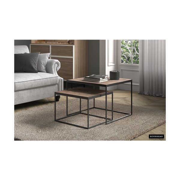 Salontafel 'Quinn' 2-delig Mangolia, Structuur metaal, blad exotisch hout mangolia
